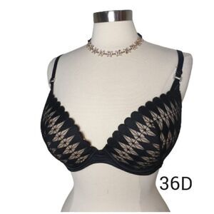 Women's Bra 36D Push Up Plunge Sexy Lace Black Bra Rhinestone Detail 36D NWT